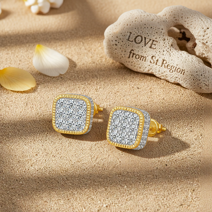 Cubic Zirconia & Two Tone Rounded Square Stud Earrings