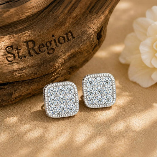 Cubic Zirconia and Silver-Plated Rounded Square Stud Earrings, silver stud earrings for women, front view