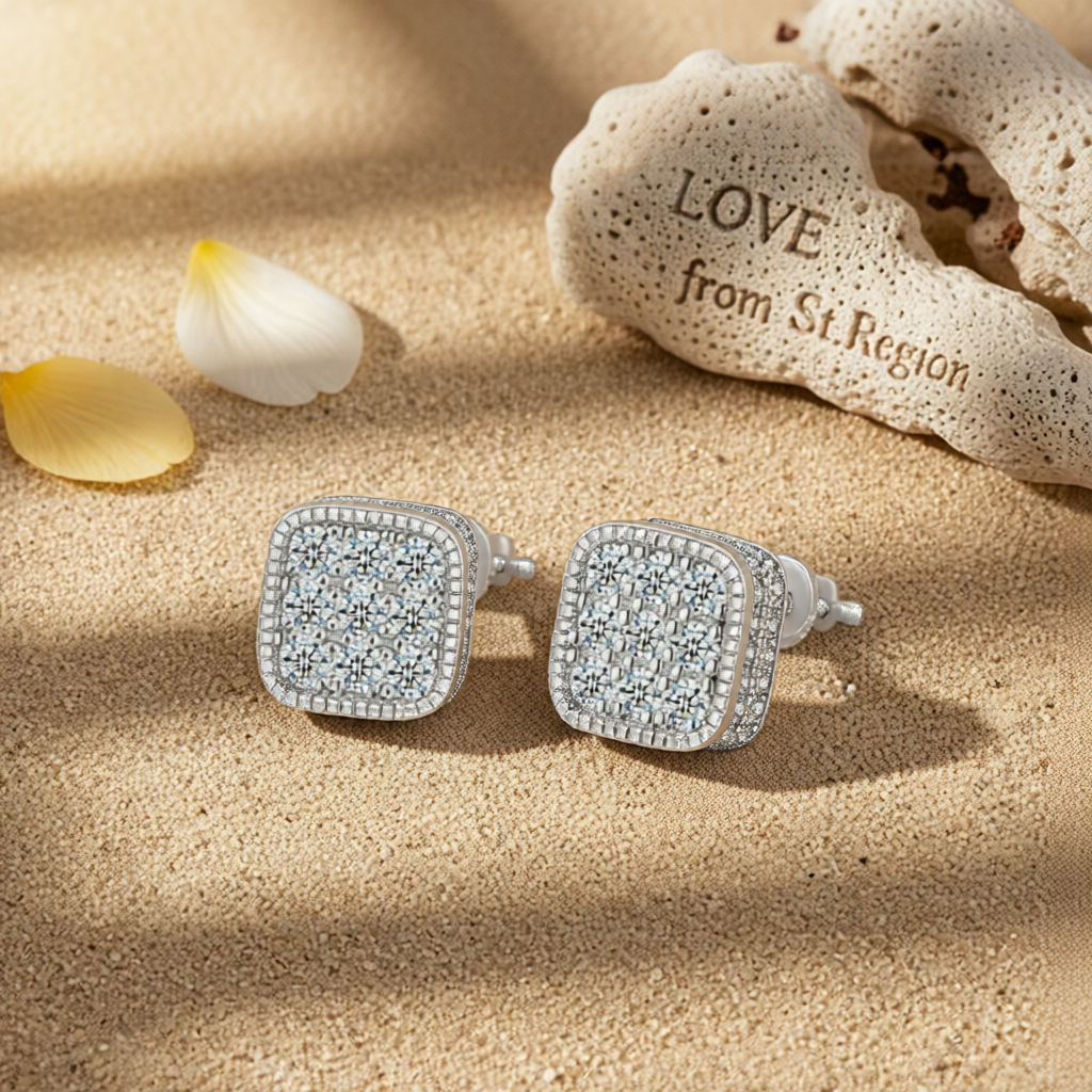 Cubic Zirconia & Silver-Plated Rounded Square Stud Earrings
