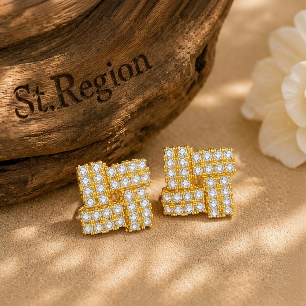 Cubic Zirconia and 18K Gold-Plated Windmill Stud Earrings, gold stud earrings for women, vintage-inspired design, front view