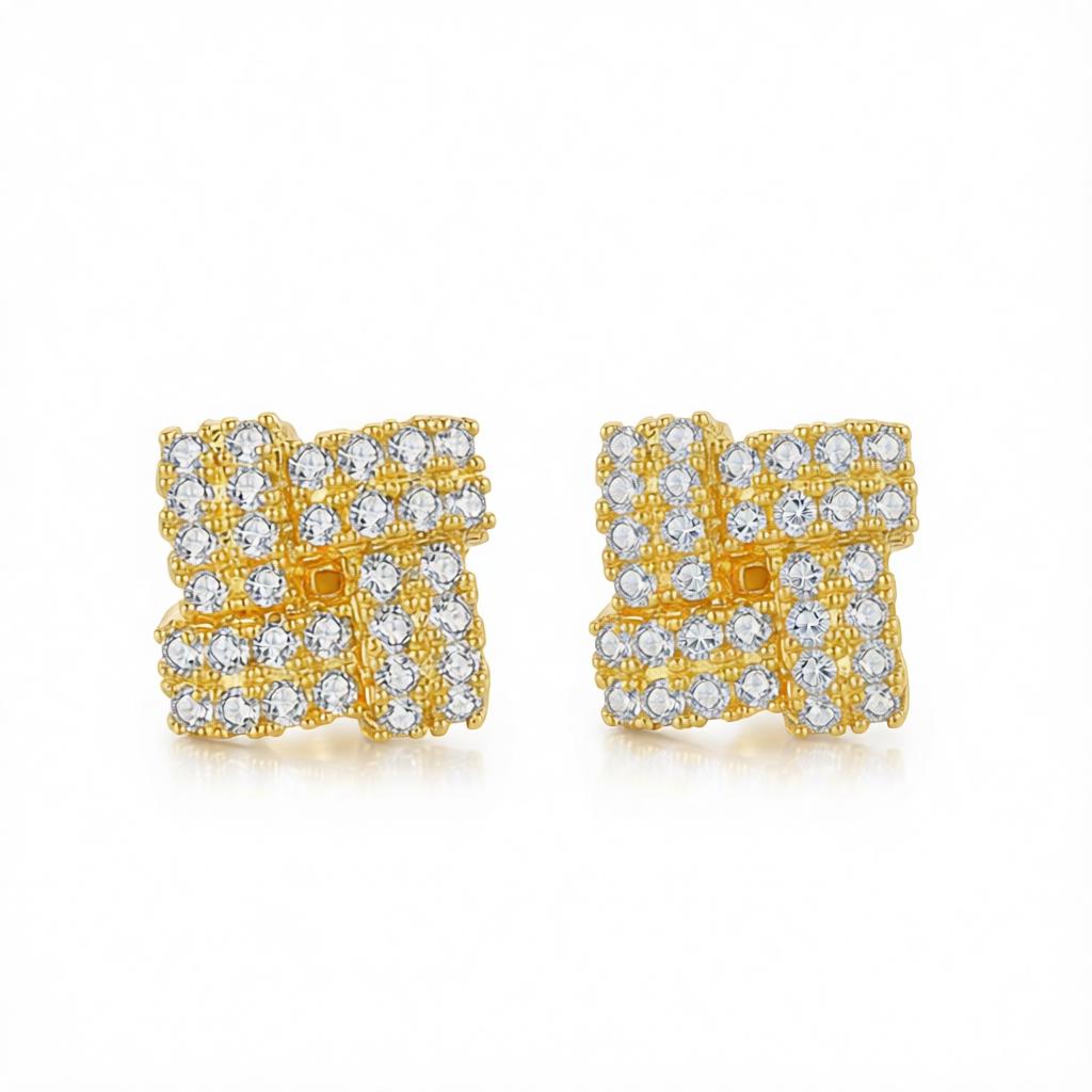 Cubic Zirconia and 18K Gold-Plated Windmill Stud Earrings, gold stud earrings for women, vintage-inspired design, side view