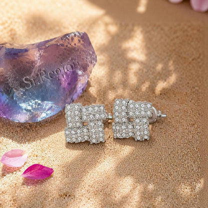Cubic Zirconia and Silver-Plated Windmill Stud Earrings, cubic zirconia stud earrings for women, detail close-up