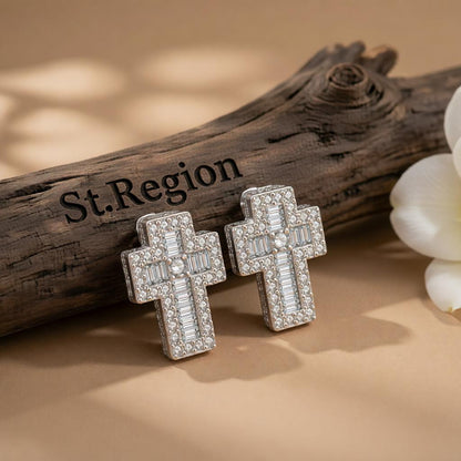Crystal and Cubic Zirconia Silver-Plated Cross Stud Earrings, cubic zirconia stud earrings for women, front view