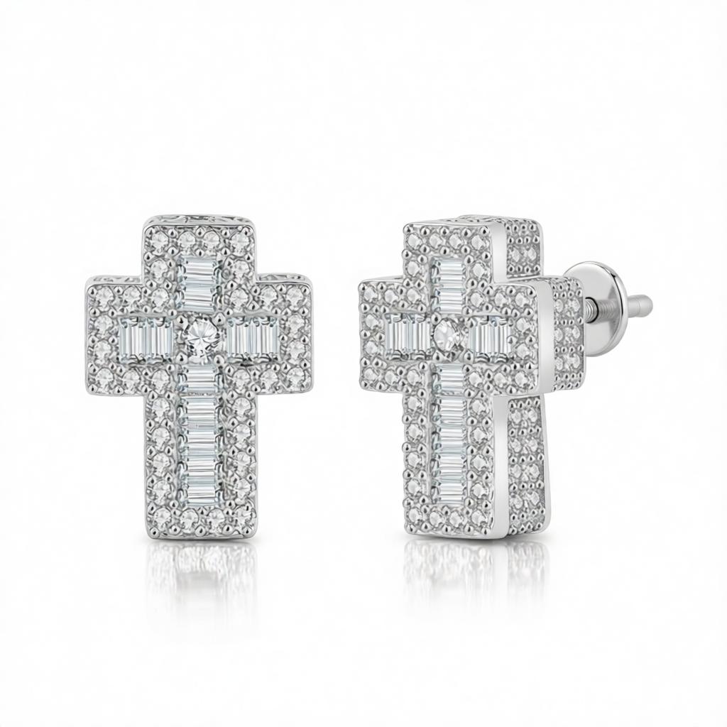 Crystal and Cubic Zirconia Silver-Plated Cross Stud Earrings, cubic zirconia stud earrings for women, side view