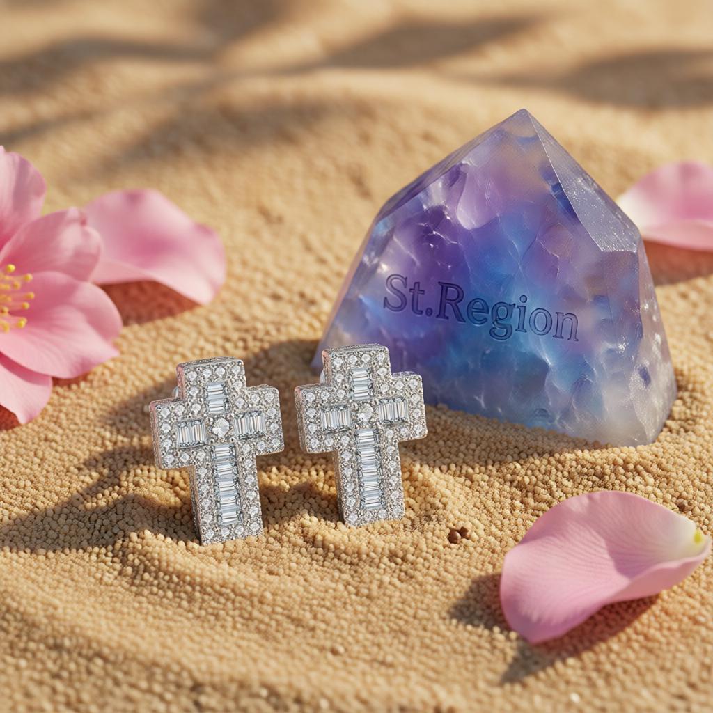 Crystal and Cubic Zirconia Silver-Plated Cross Stud Earrings, cubic zirconia stud earrings for women, detail close-up