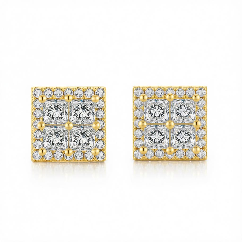 Crystal and Cubic Zirconia 18K Gold-Plated Square Stud Earrings, gold stud earrings for women, side view