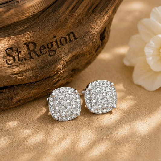 Cubic Zirconia and Silver-Plated Parted Geometric Stud Earrings, silver stud earrings for women, front view