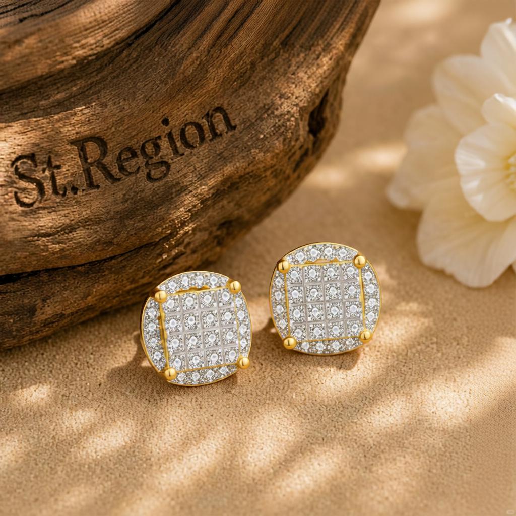 Cubic Zirconia and Two-Tone Parted Round Stud Earrings, cubic zirconia stud earrings for women, front view