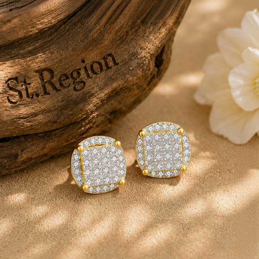 Cubic Zirconia & Two-Tone Parted Round Stud Earrings