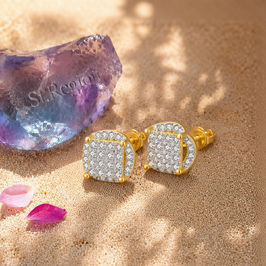 Cubic Zirconia & Two-Tone Parted Round Stud Earrings