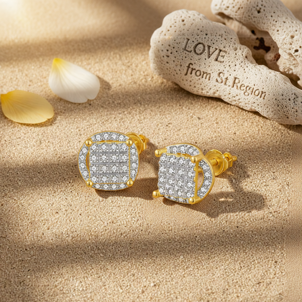 Cubic Zirconia & Two-Tone Parted Round Stud Earrings