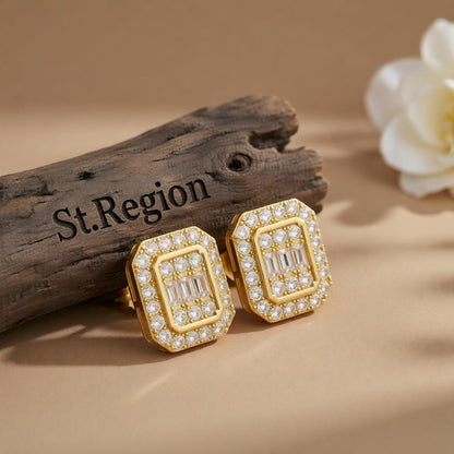 Crystal and Cubic Zirconia 18K Gold-Plated Cushion Stud Earrings, cubic zirconia stud earrings for women, front view