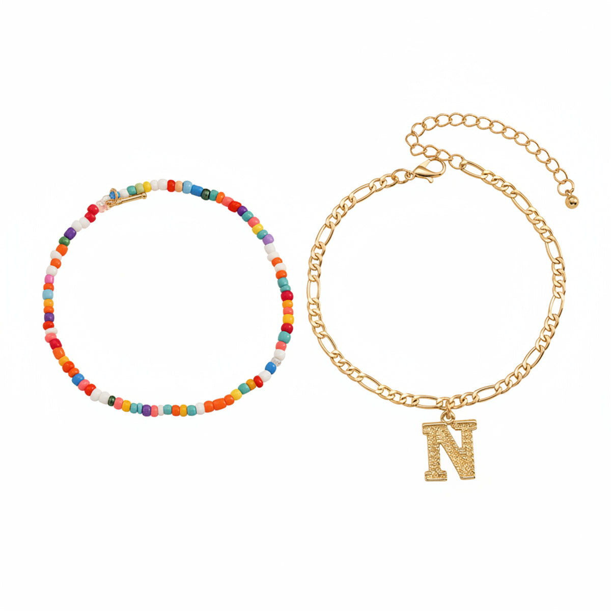 Multi-Colored Howlite & Goldtone Beads Chain Letter 'N' Charm Anklet Set - Street Region