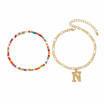 Multi-Colored Howlite & Goldtone Beads Chain Letter 'N' Charm Anklet Set - Street Region