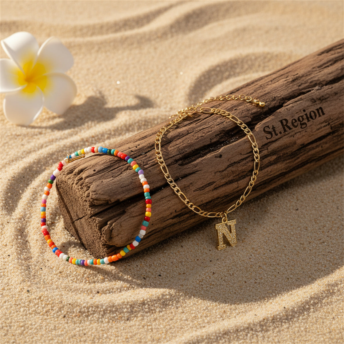 Multi-Colored Howlite & Goldtone Beads Chain Letter 'N' Charm Anklet Set - Street Region