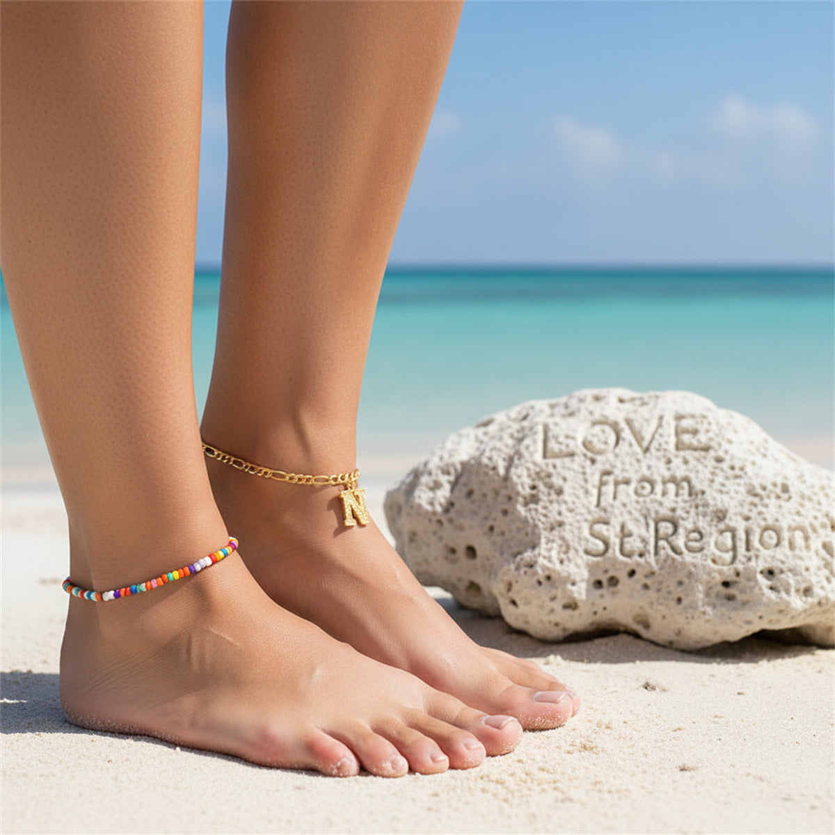 Multi-Colored Howlite & Goldtone Beads Chain Letter 'N' Charm Anklet Set - Street Region
