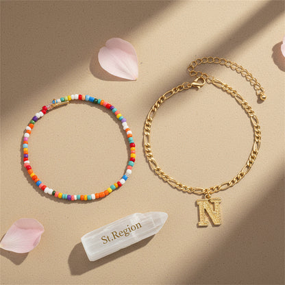 Multi-Colored Howlite & Goldtone Beads Chain Letter 'N' Charm Anklet Set - Street Region
