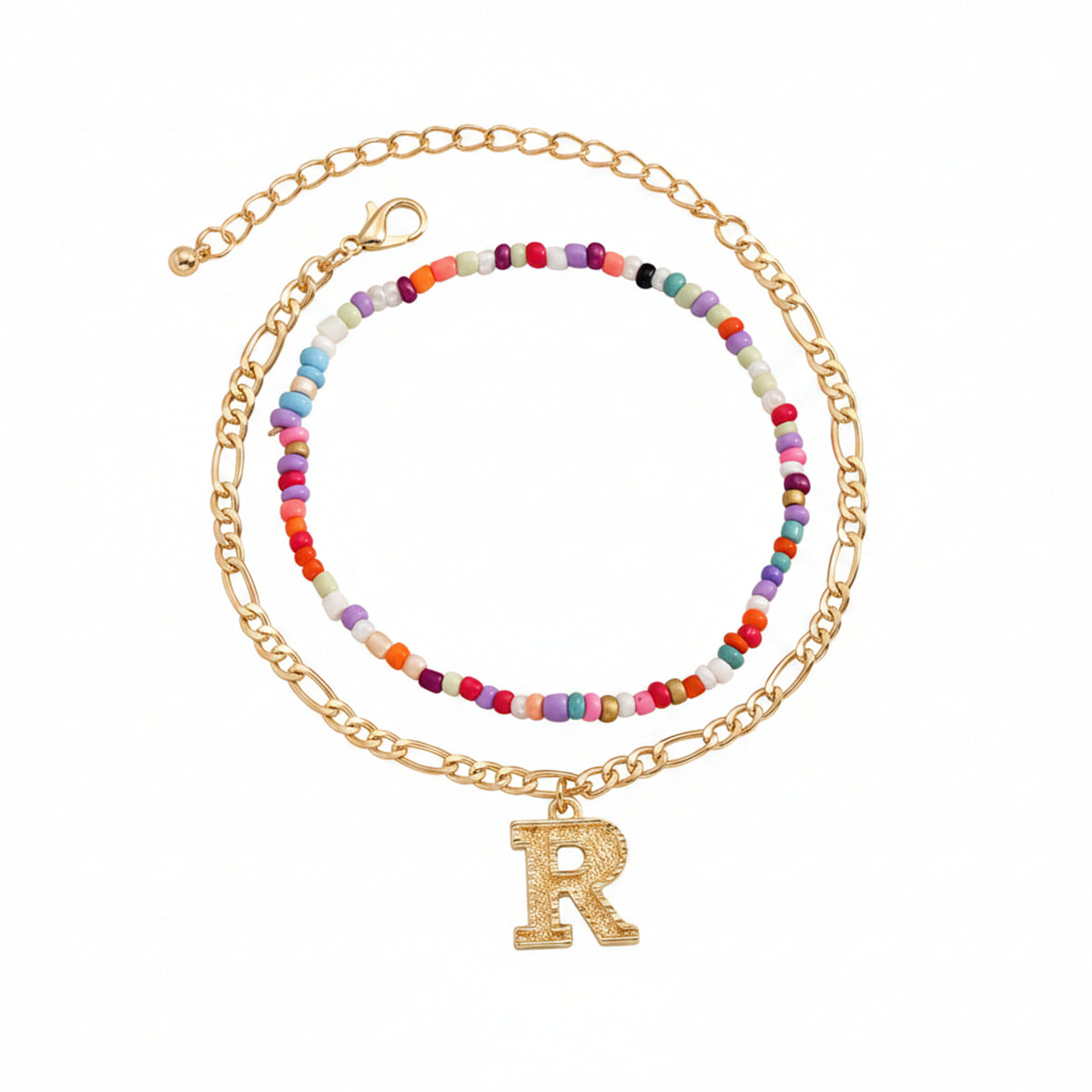 Multi-Colored Howlite & Goldtone Beads Chain Letter 'R' Charm Anklet Set - Street Region