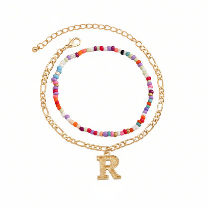 Multi-Colored Howlite & Goldtone Beads Chain Letter 'R' Charm Anklet Set - Street Region