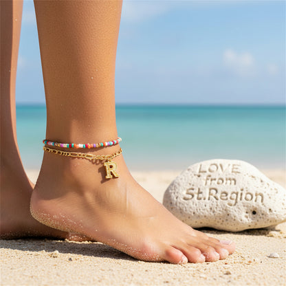 Multi-Colored Howlite & Goldtone Beads Chain Letter 'R' Charm Anklet Set - Street Region