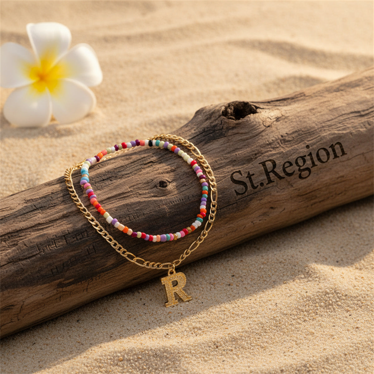 Multi-Colored Howlite & Goldtone Beads Chain Letter 'R' Charm Anklet Set - Street Region