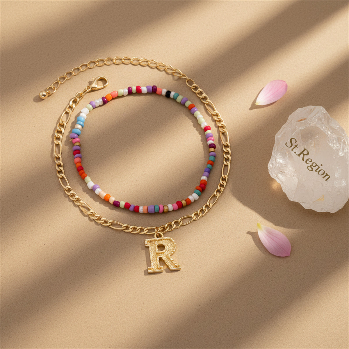 Multi-Colored Howlite & Goldtone Beads Chain Letter 'R' Charm Anklet Set - Street Region