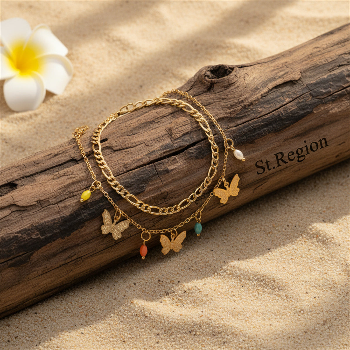 Multi-Colored Acrylic & Goldtone Butterfly Tassel Anklet Set - Street Region