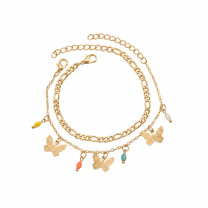 Multi-Colored Acrylic & Goldtone Butterfly Tassel Anklet Set - Street Region