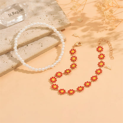 Pearl & Red Enamel Goldtone Mum Stations Anklet Set - Street Region