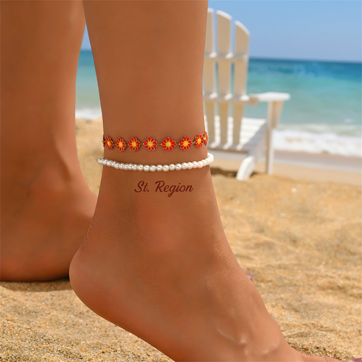 Pearl & Red Enamel Goldtone Mum Stations Anklet Set - Street Region