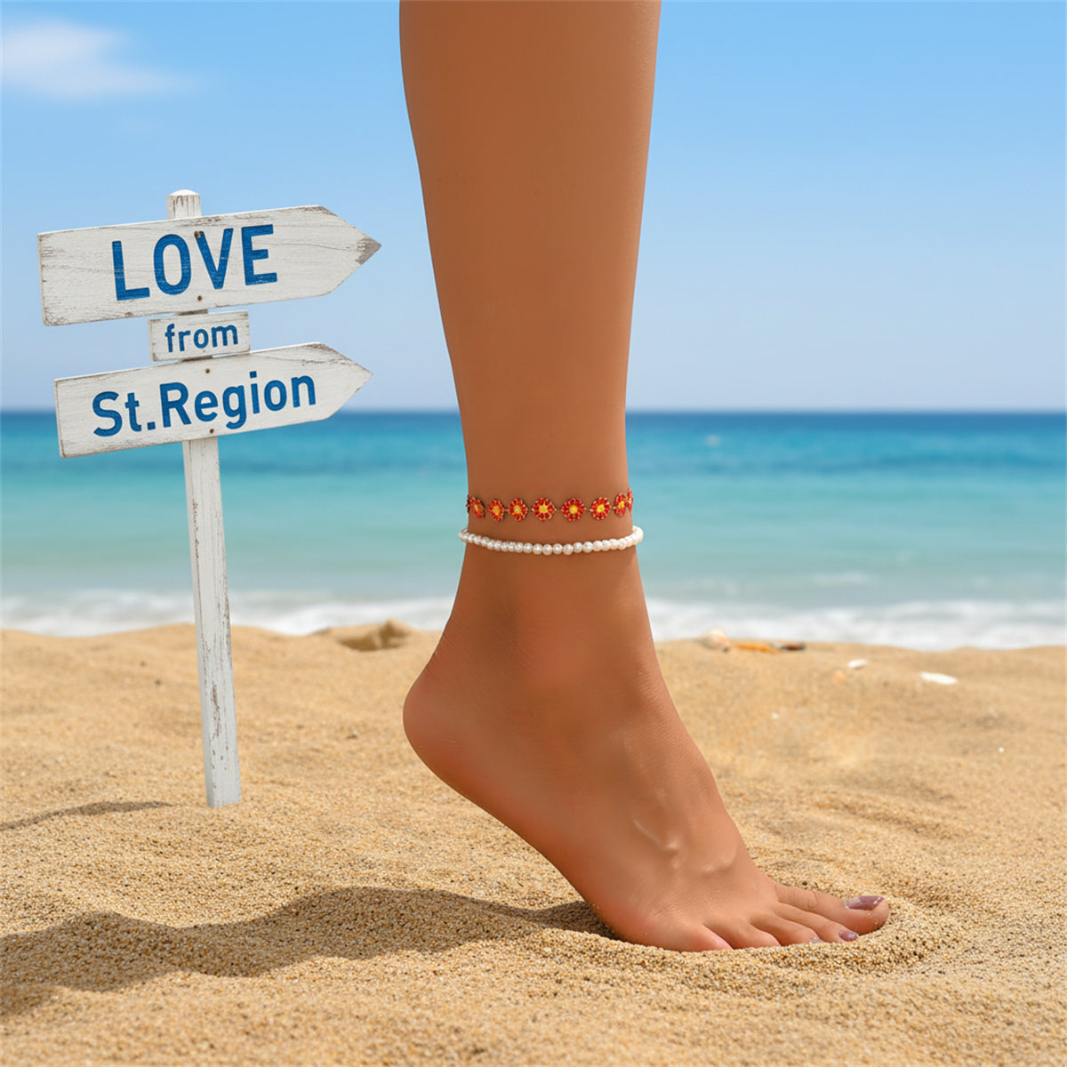 Pearl & Red Enamel Goldtone Mum Stations Anklet Set - Street Region