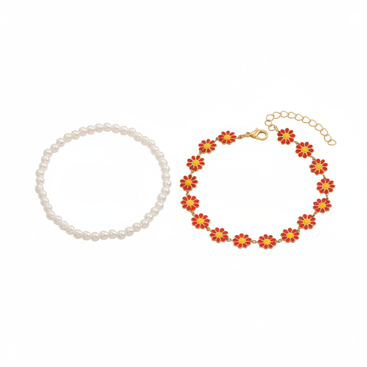 Pearl & Red Enamel Goldtone Mum Stations Anklet Set - Street Region