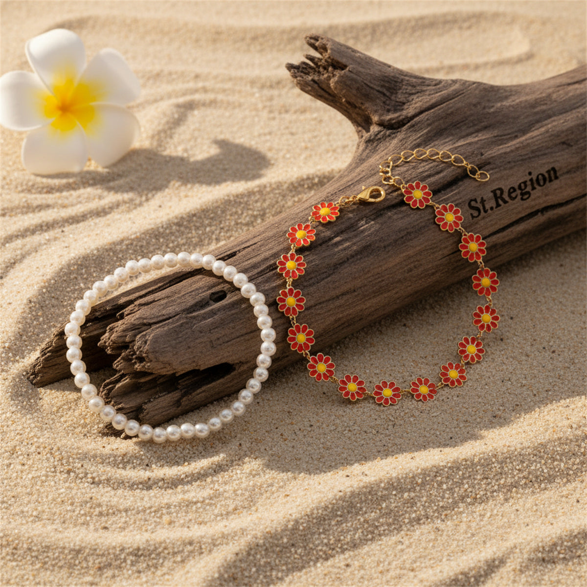 Pearl & Red Enamel Goldtone Mum Stations Anklet Set - Street Region