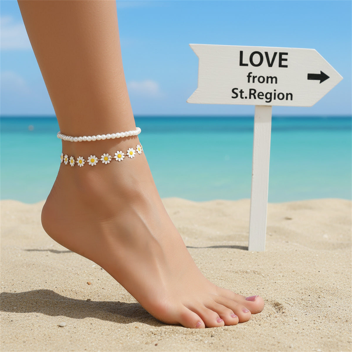 Pearl & White Enamel Goldtone Mum Stations Anklet Set - Street Region