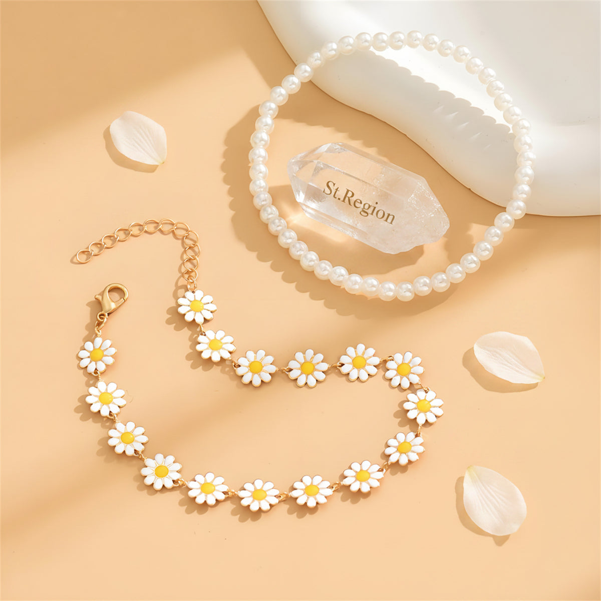 Pearl & White Enamel Goldtone Mum Stations Anklet Set - Street Region