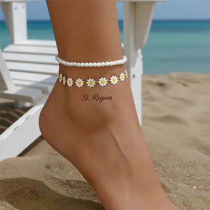 Pearl & White Enamel Goldtone Mum Stations Anklet Set - Street Region