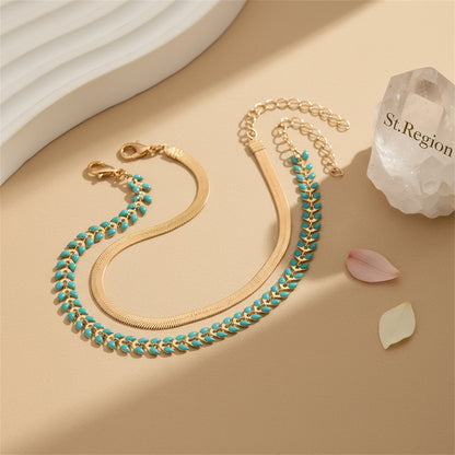 Blue Enamel & Goldtone Wheat Herringbone Chain Anklet Set - Street Region