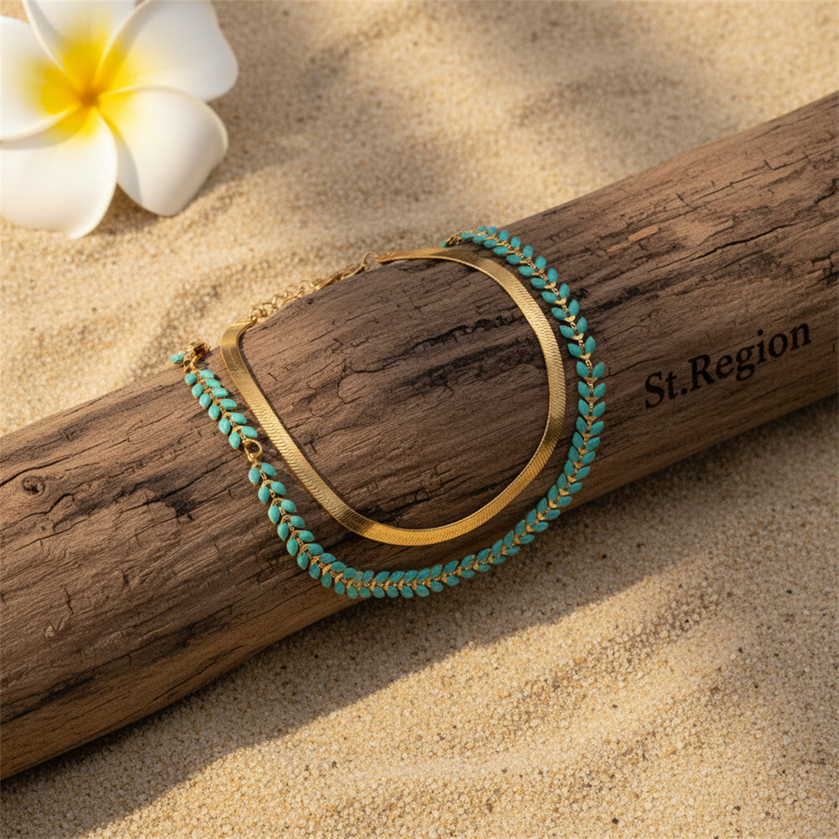 Blue Enamel & Goldtone Wheat Herringbone Chain Anklet Set - Street Region