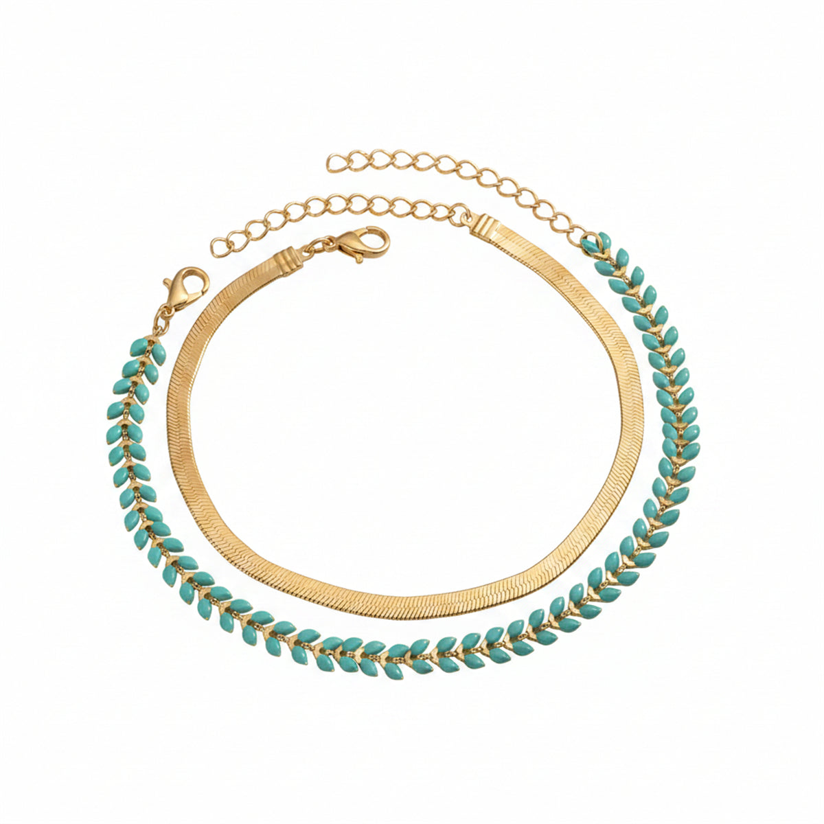 Blue Enamel & Goldtone Wheat Herringbone Chain Anklet Set - Street Region