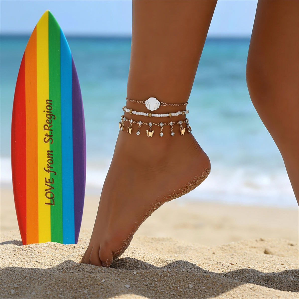White Howlite & Cubic Zirconia Enamel Goldtone Butterfly Tassel Anklet Set - Street Region