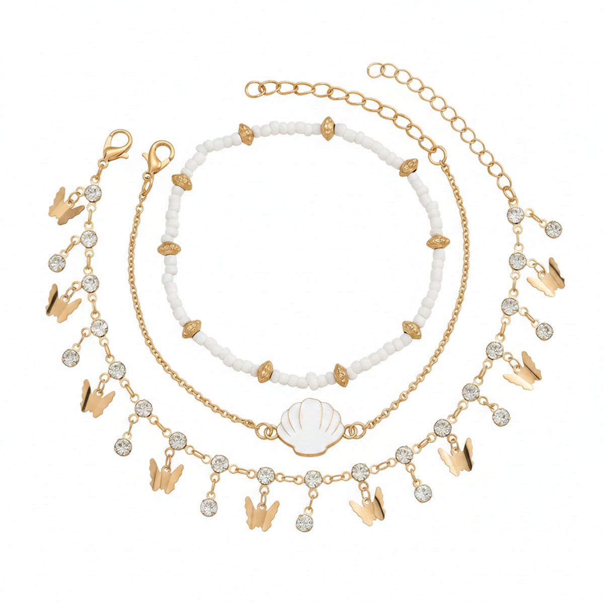 White Howlite & Cubic Zirconia Enamel Goldtone Butterfly Tassel Anklet Set - Street Region