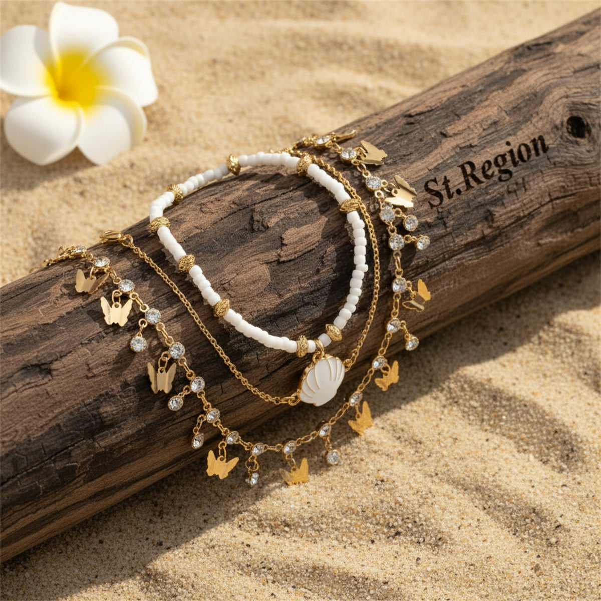 White Howlite & Cubic Zirconia Enamel Goldtone Butterfly Tassel Anklet Set - Street Region