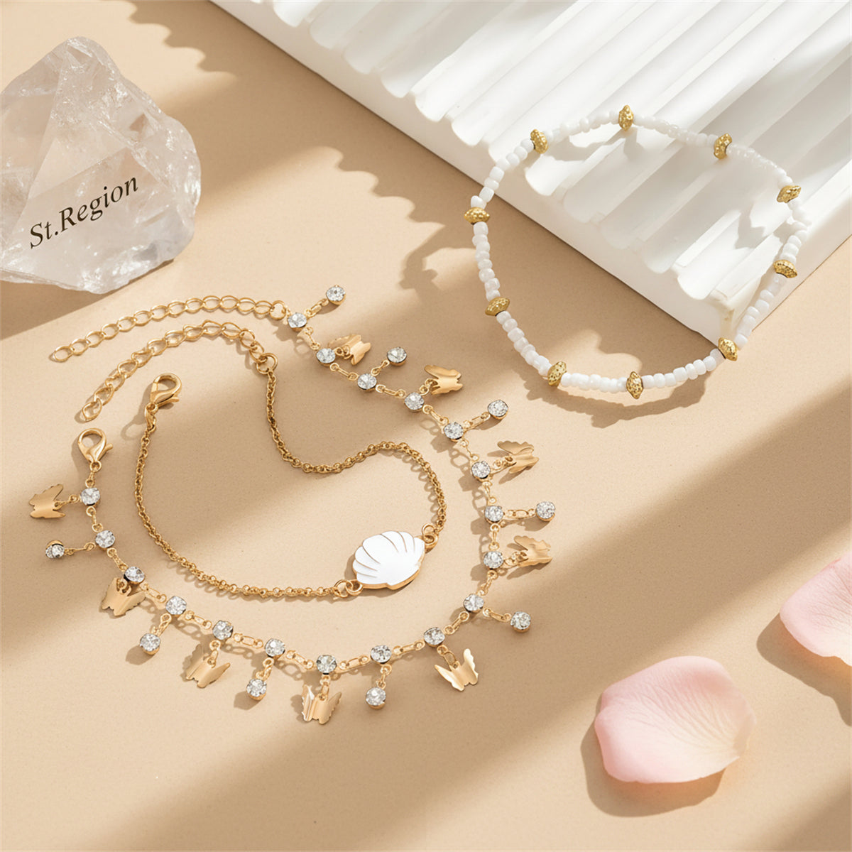 White Howlite & Cubic Zirconia Enamel Goldtone Butterfly Tassel Anklet Set - Street Region