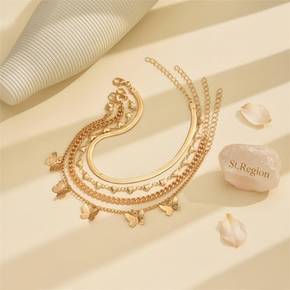 Goldtone Heart Station Butterfly Tassel Chain Anklet Set - Street Region