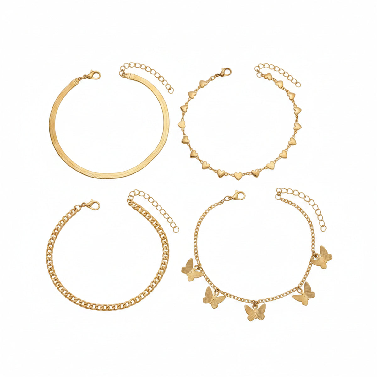 Goldtone Heart Station Butterfly Tassel Chain Anklet Set - Street Region