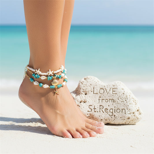 Turqouise & White Howlite Shell Goldtone Sea Lives Charm Anklet Set - Street Region