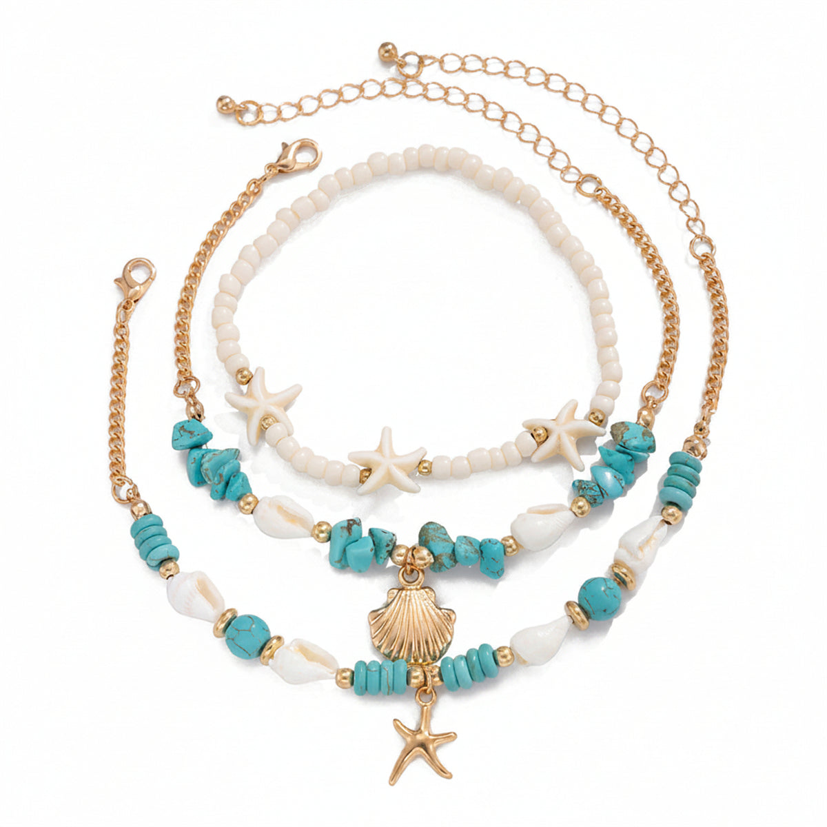 Turqouise & White Howlite Shell Goldtone Sea Lives Charm Anklet Set - Street Region
