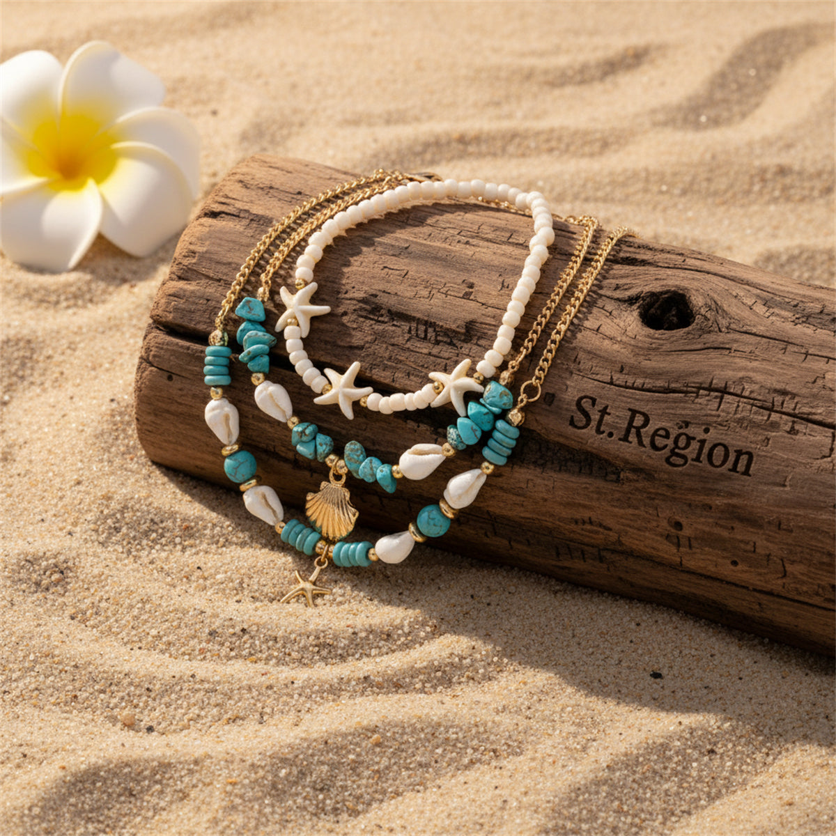 Turqouise & White Howlite Shell Goldtone Sea Lives Charm Anklet Set - Street Region