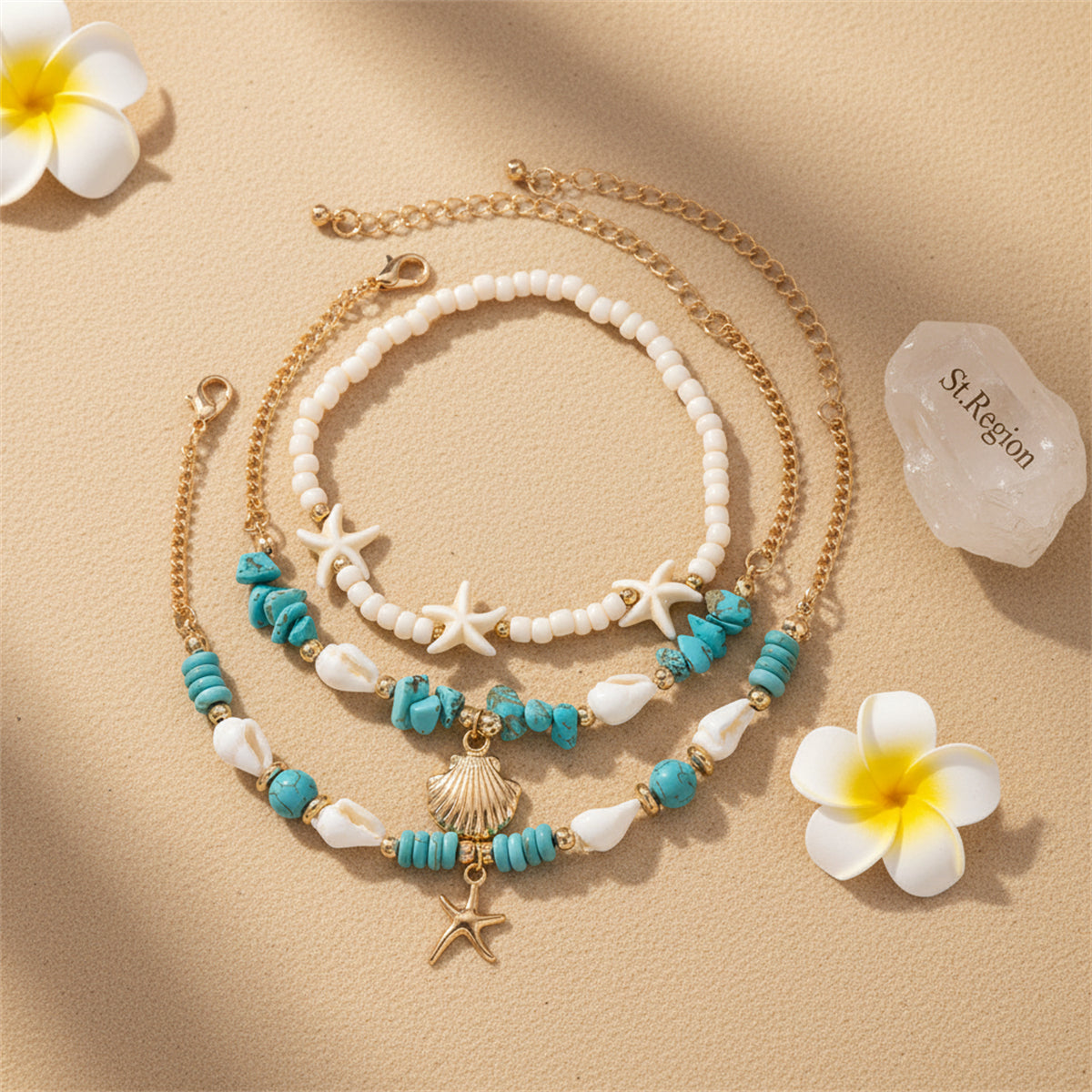 Turqouise & White Howlite Shell Goldtone Sea Lives Charm Anklet Set - Street Region