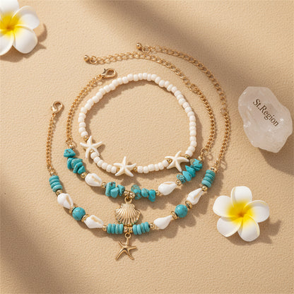 Turqouise & White Howlite Shell Goldtone Sea Lives Charm Anklet Set - Street Region